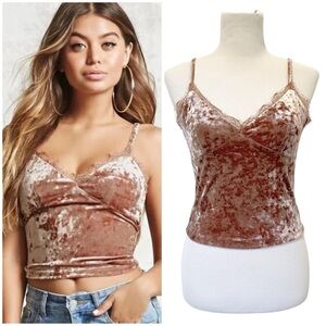 EUC - Crushed Velvet Lace Trim Cami - Rose Gold | Forever 21, Size M